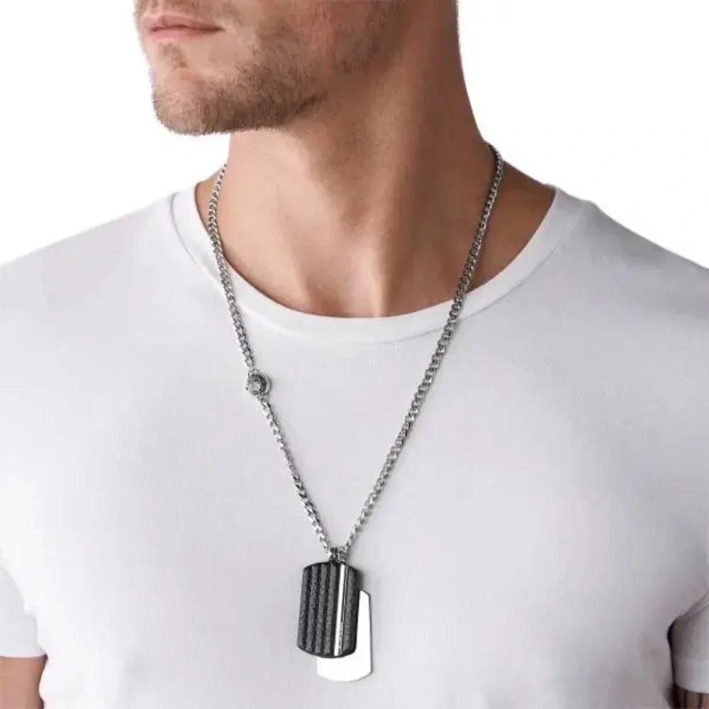 Diesel Double Dog Tag Stainless Steel Silver Leather Necklace DX1040040